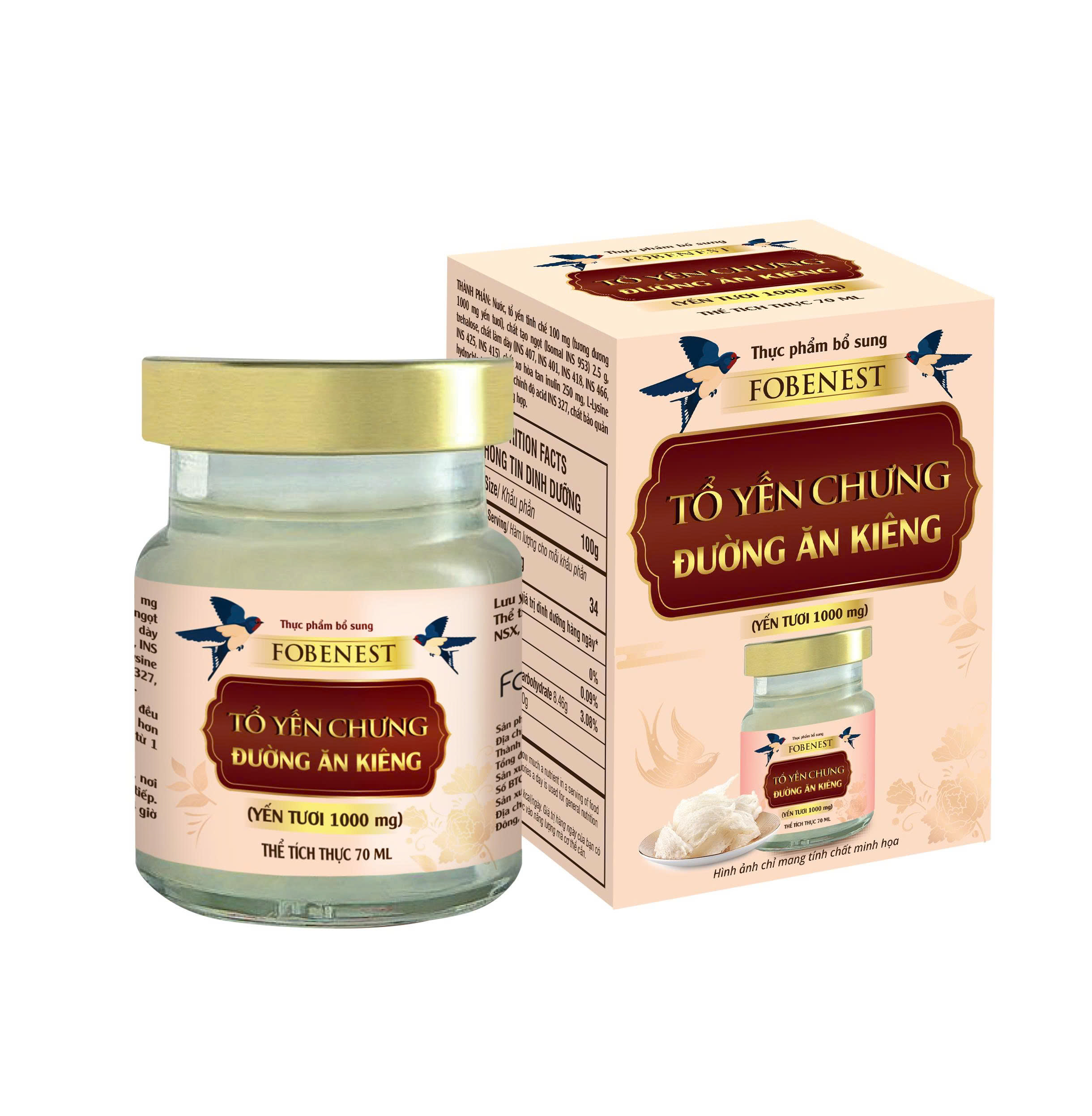 Fobenest Tổ Yến Chưng Đường Ăn Kiêng (Yến Tươi 1000mg) (lọ 70ml)
