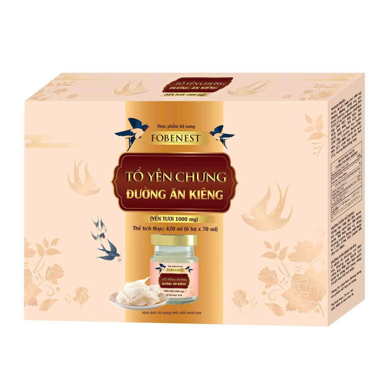 Fobenest Tổ Yến Chưng Đường Ăn Kiêng (Yến Tươi 1000mg)  (Hộp 6 lọ)