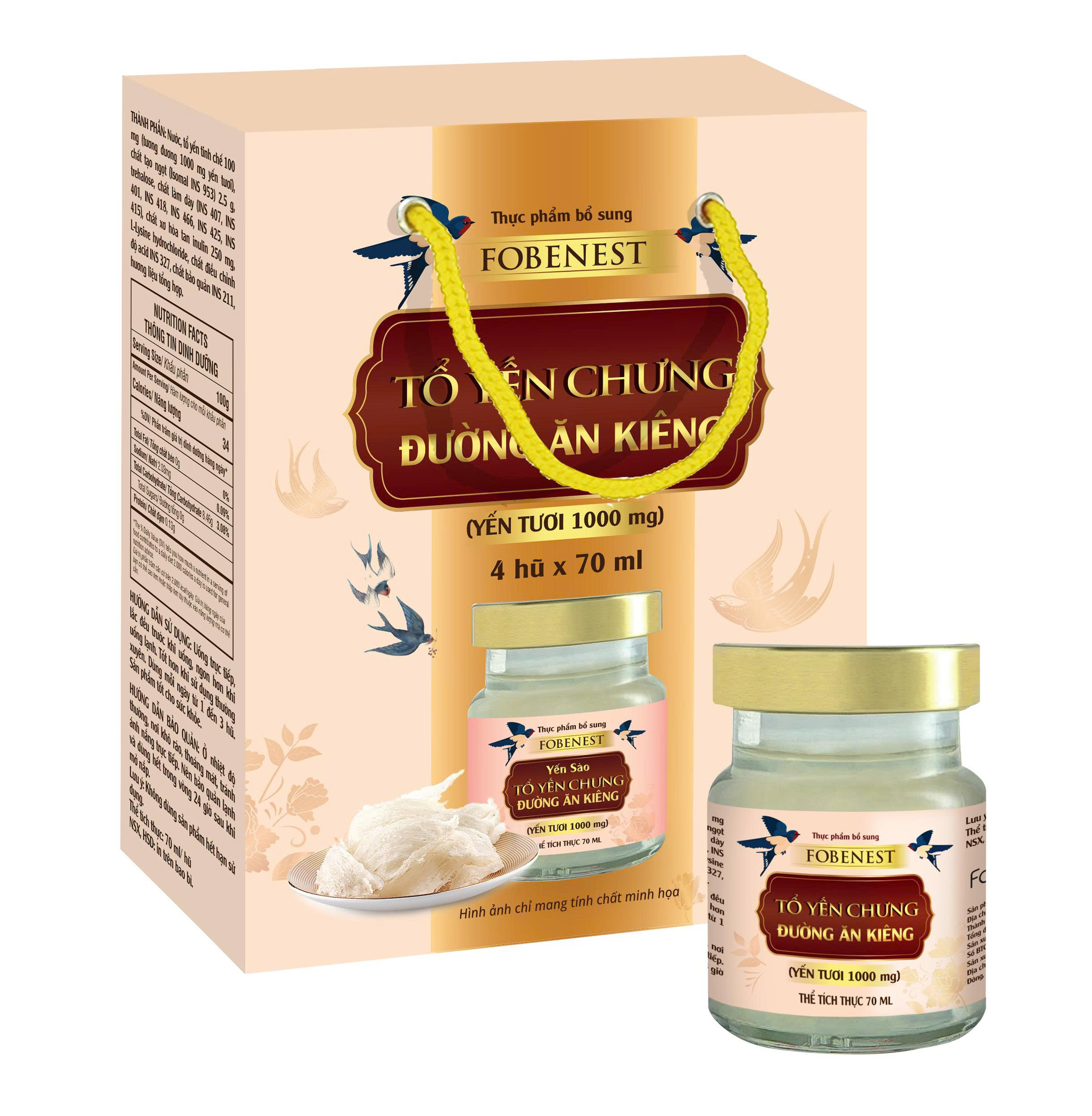 Fobenest Tổ Yến Chưng Đường Ăn Kiêng (Yến Tươi 1000mg) (Hộp 4 lọ)