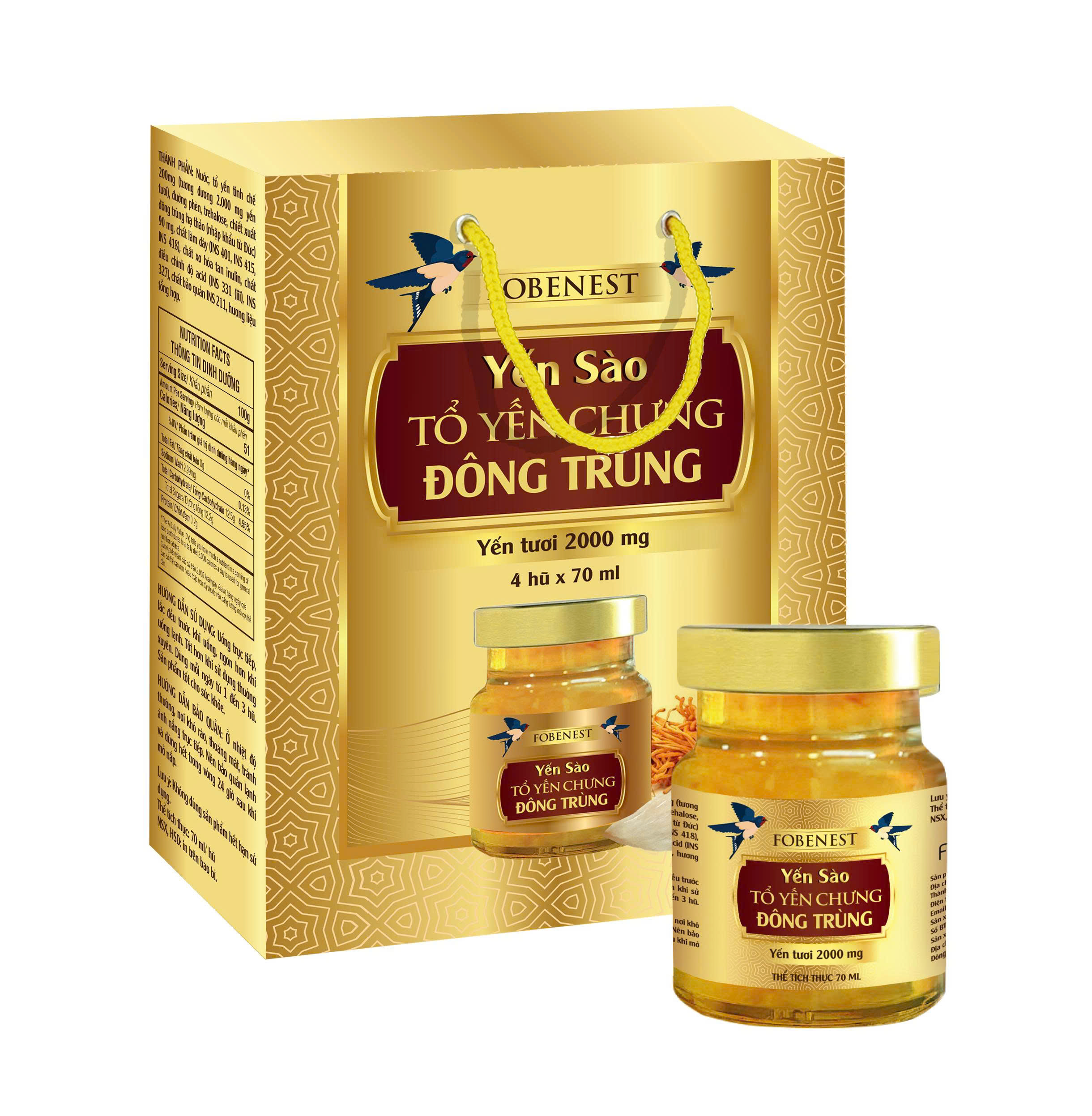 Fobenest Yến Sào Tổ Yến Chưng Đông Trùng (Yến Tươi 2000mg) (Hộp 4 lọ)